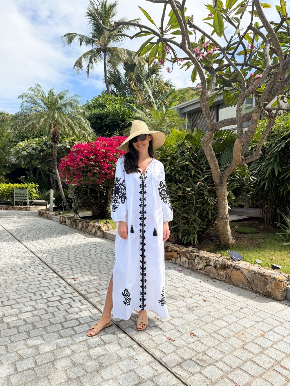 White Embroidered Beach Caftan with Black Floral Accents
